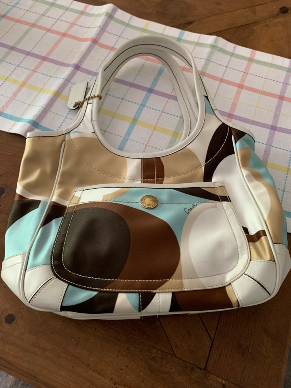 Coach Satin Retro Print Shoulder Bag - White, Brown & Blue
